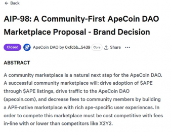 ApeCoin DAO关于建立社区交易市场的提案获得通过